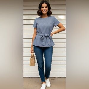 Final Touch gray/white, vertical stripes, short-sleeved blouse, wide waist tie S